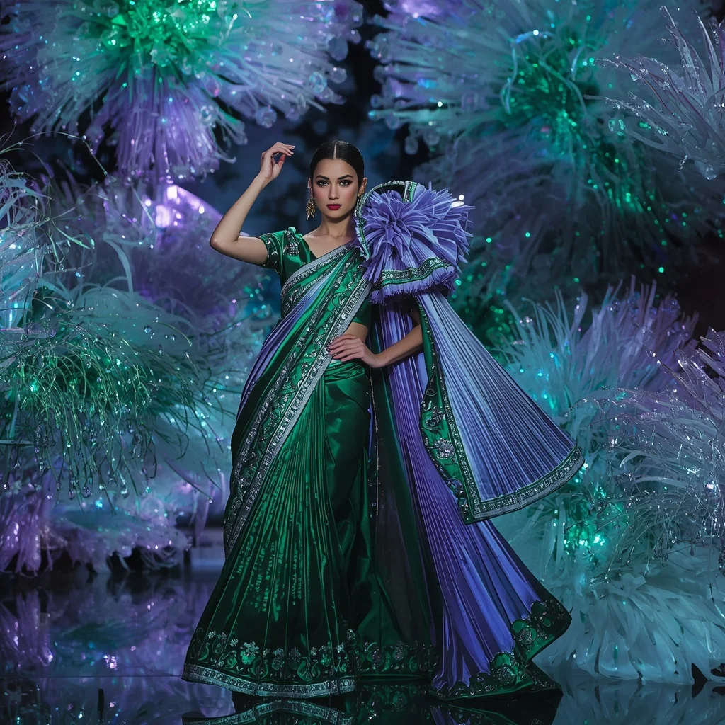 Emerald Neon Peacock Dynasty Saree with Floating Jewel Feather Sanctuaries | picture prompt