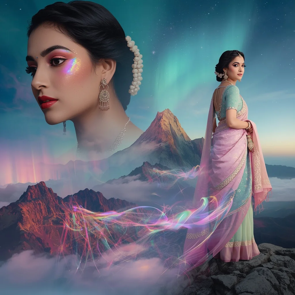 Festive Pastel Saree Aurora Crown Mountain Realm Collage Prompt | trending prompt