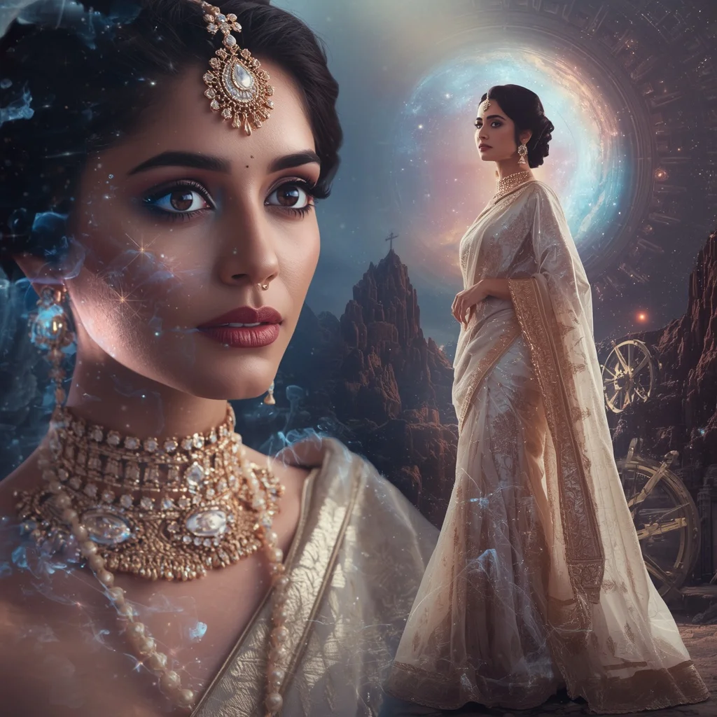 Festive Pastel Saree Celestial Crown Waterwheel Galaxy Collage Prompt | retro style prompt for gemini girl in saree instagram