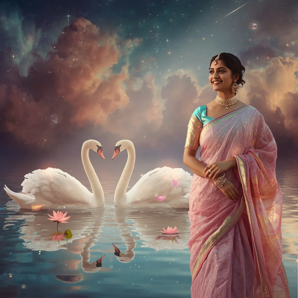 Festive Pastel Saree Celestial Swan Lake Galaxy Collage Cinematic Premium | saree ai prompt