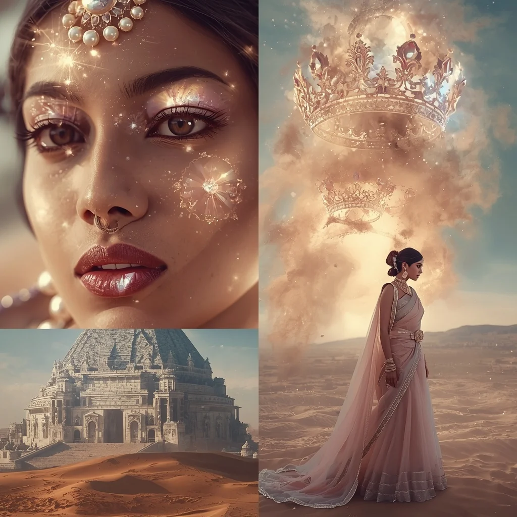 Festive Pastel Saree Crystal Crown Sandstorm Empire Collage Prompt | new prompt
