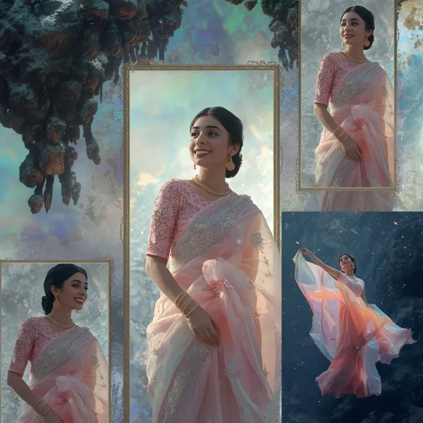 Festive Pastel Saree Dark Matter and Iridescent Opal Collage Premium Cinematic | gemini prompt trending