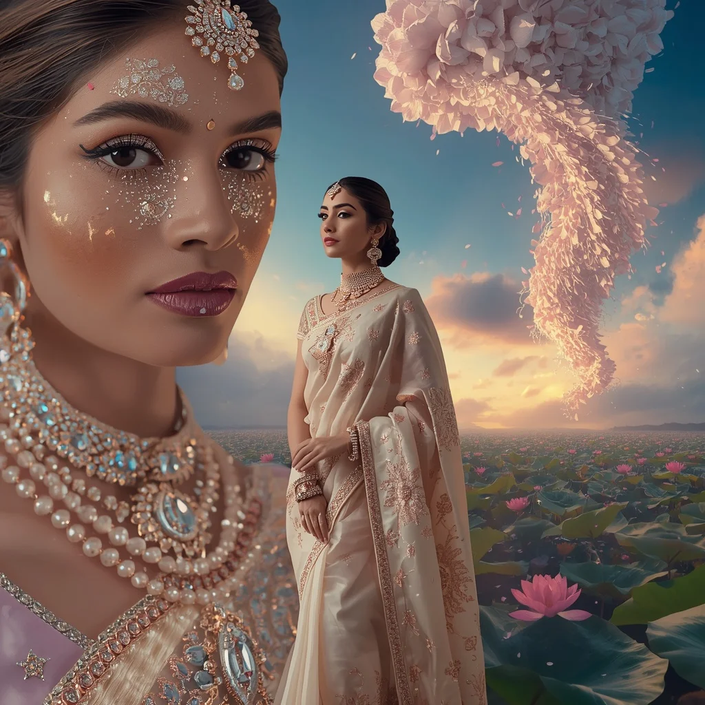 Festive Pastel Saree Diamond Lotus Tornado Kingdom Collage Prompt | image prompt