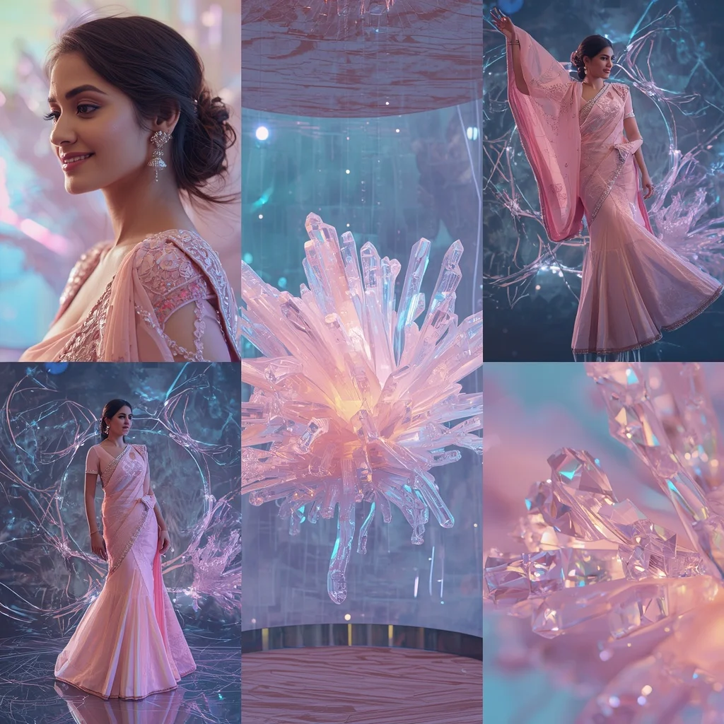 Festive Pastel Saree Holographic Crystal Reef Collage Premium Cinematic | traditional saree ai prompt