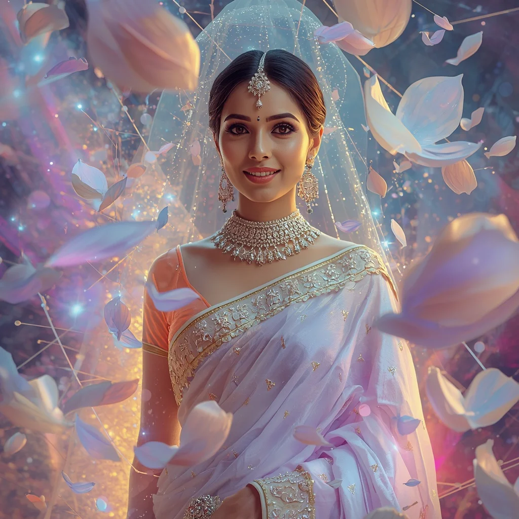 Festive Pastel Saree Holographic Petal Universe Collage Modern Cinematic | ai prompt generator