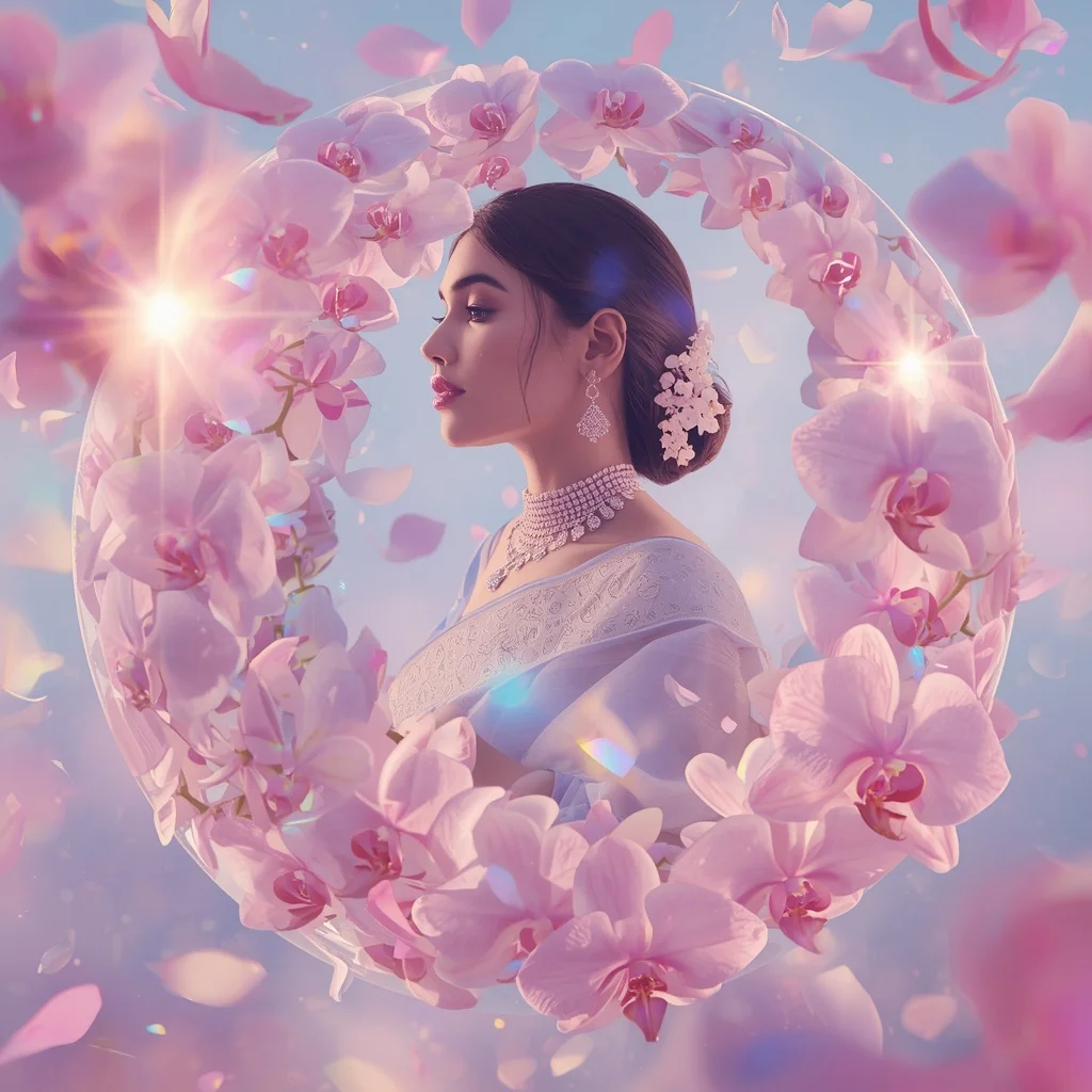 Festive Pastel Saree Infinity Crystal Orchid Sphere Collage Luxury Cinematic | chatgpt prompt