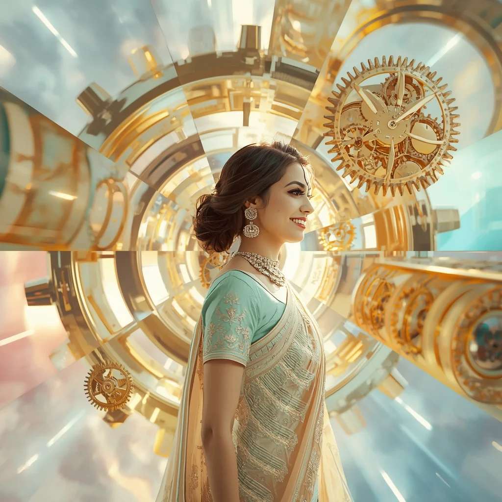 Festive Pastel Saree Liquid Gold Clockwork Collage Advanced Design | traditional saree ai prompt