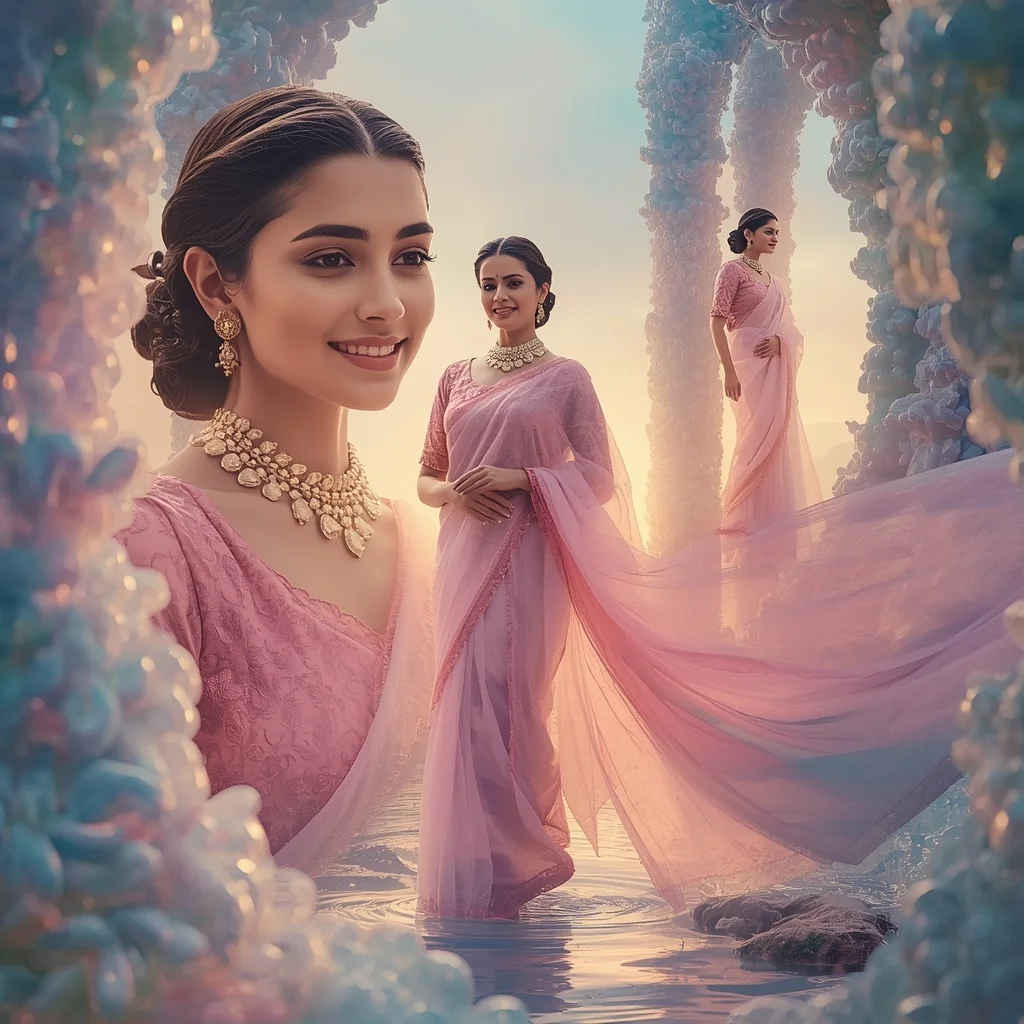 Festive Pastel Saree Microscopic Silica Lattice Collage Luxury Cinematic | beautiful saree girl ai prompt