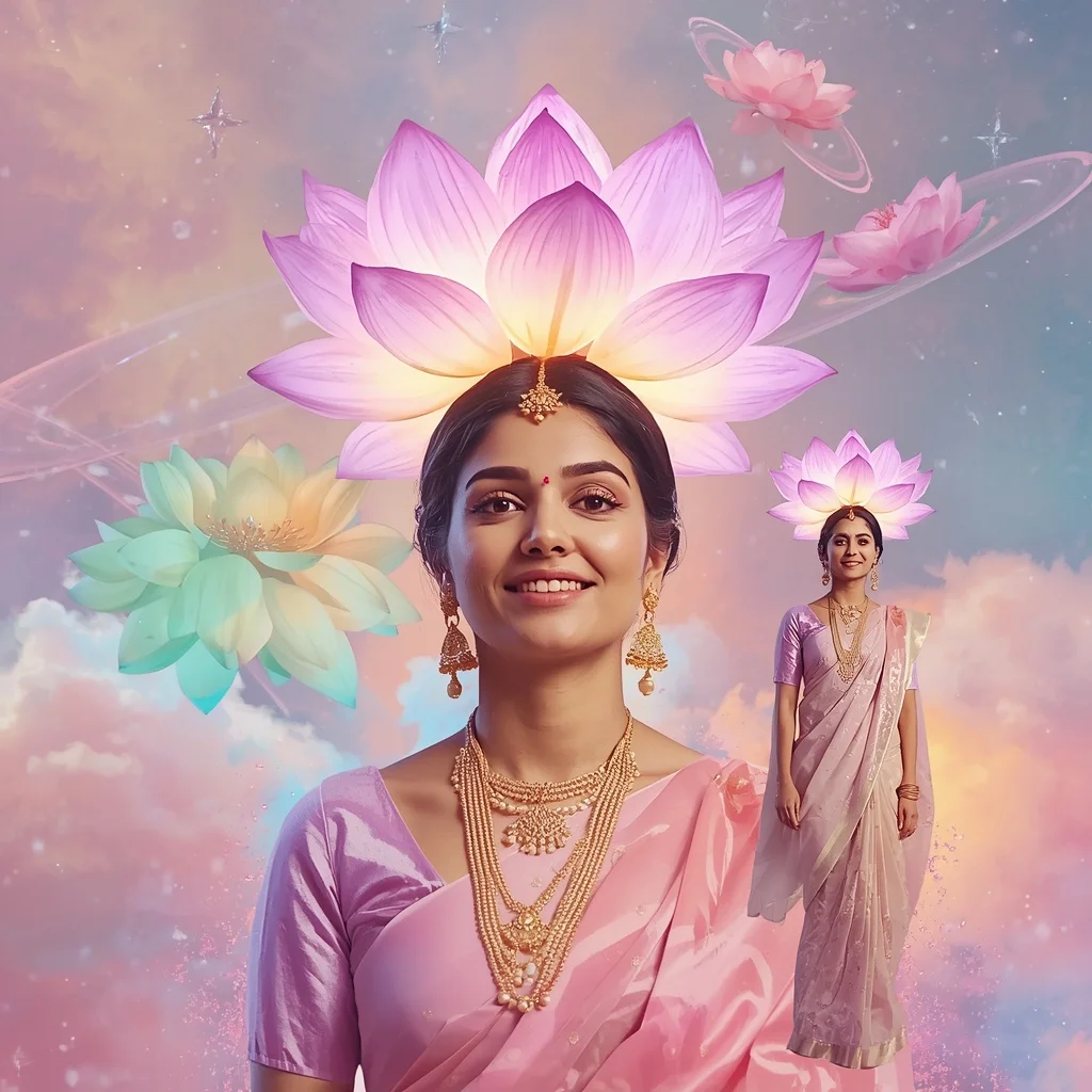 Festive Pastel Saree Neon Galaxy Lotus Crown Collage Modern Cinematic | prompt seen trending 2026 instagram