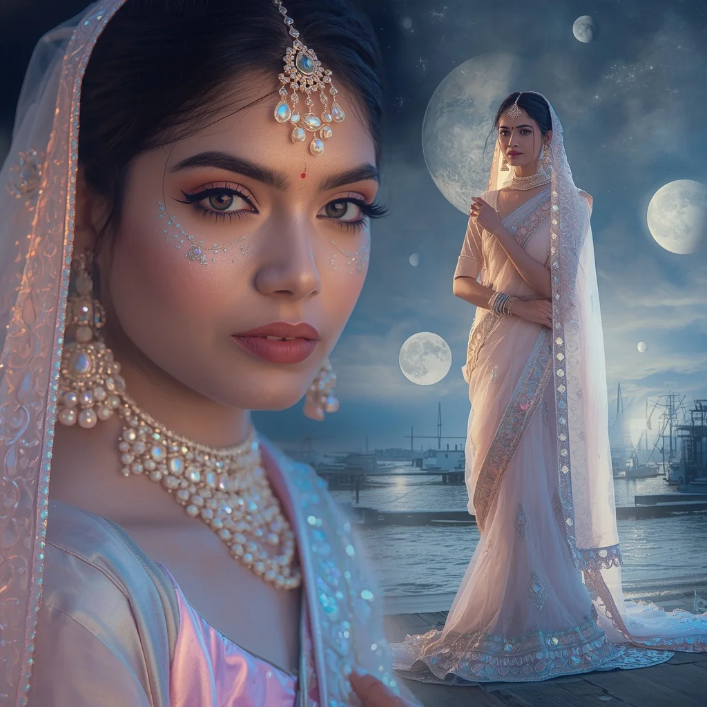 Festive Pastel Saree Opaline Moon Harbor Cosmos Collage Prompt | desi saree ai prompt