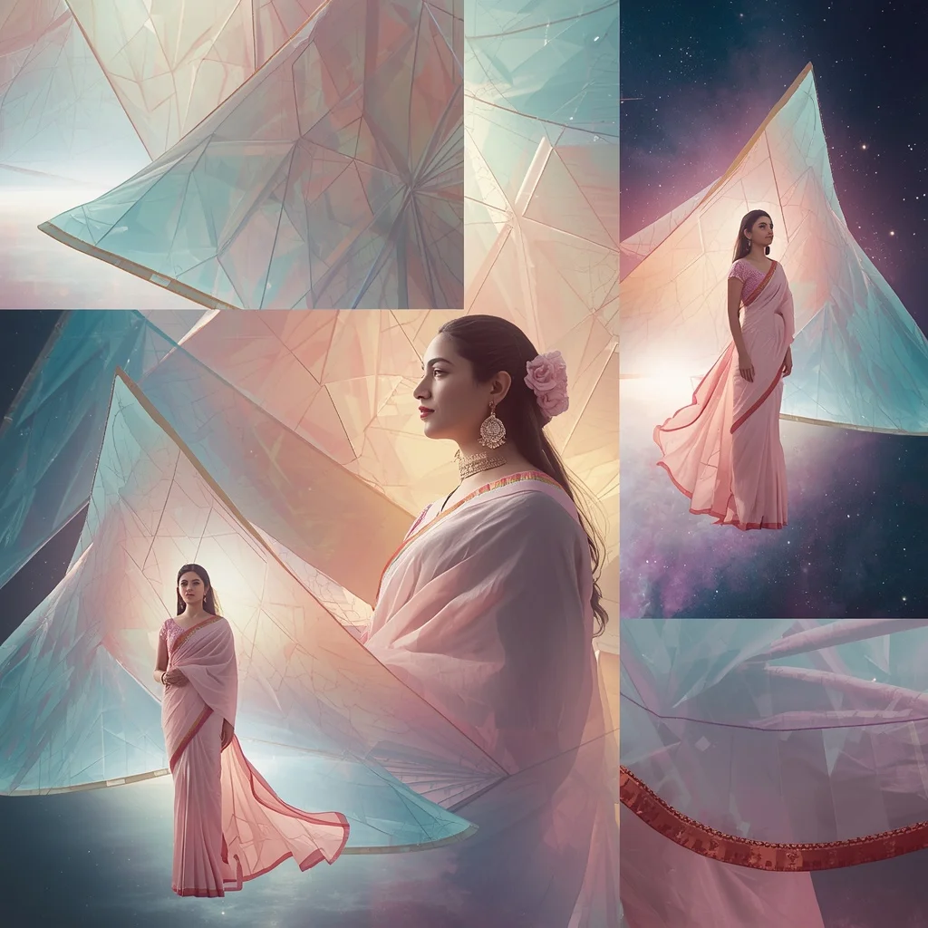 Festive Pastel Saree Origami Graphene Sail Collage Advanced Design | indian saree ai prompt
