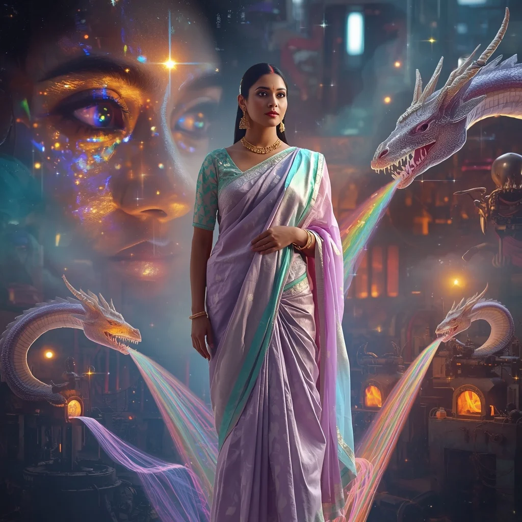 Festive Pastel Saree Prism Dragon Crown Forge Collage Prompt | traditional saree ai prompt