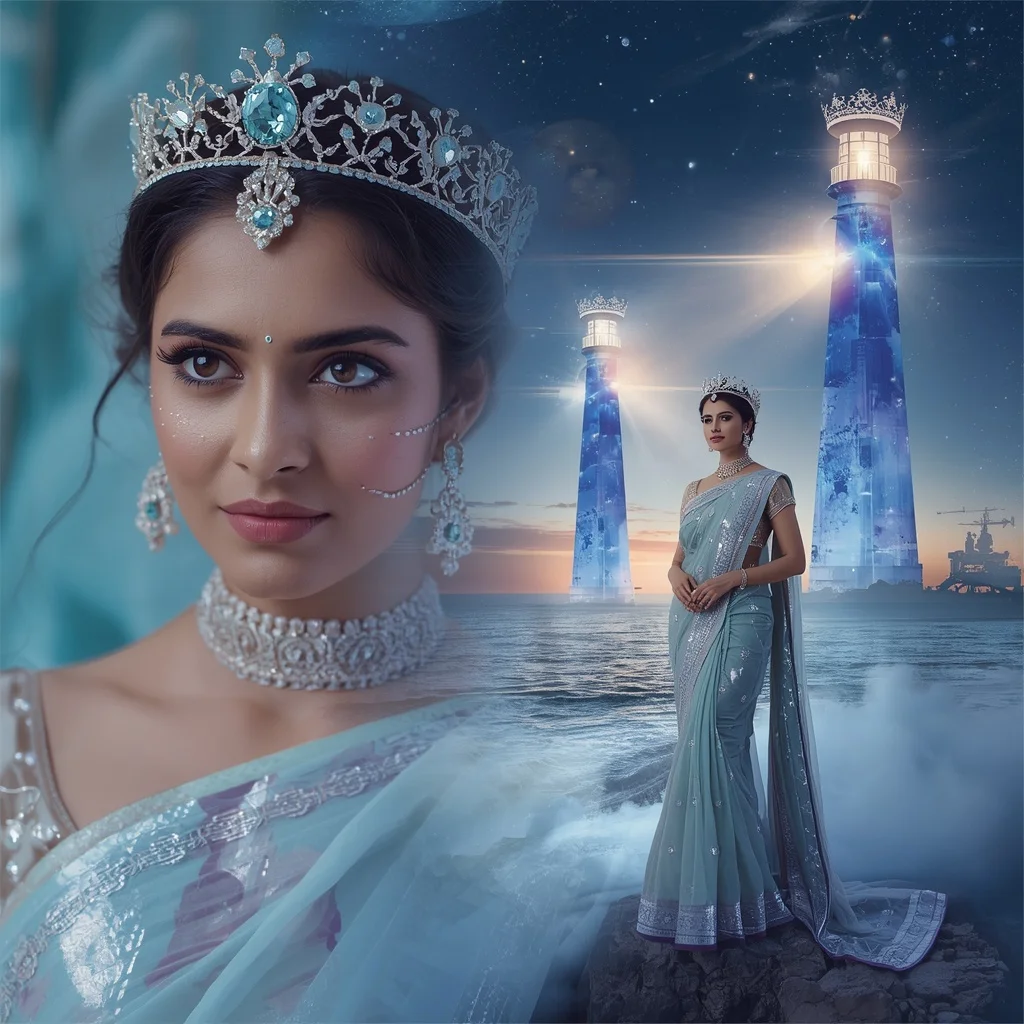 Festive Pastel Saree Sapphire Crown Lighthouse Ocean Collage Prompt | prompt for gemini ai saree look couple