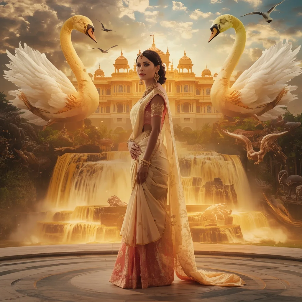 Festive Pastel Saree Solar Swan Waterfall Palace Collage Prompt | prompt perfect
