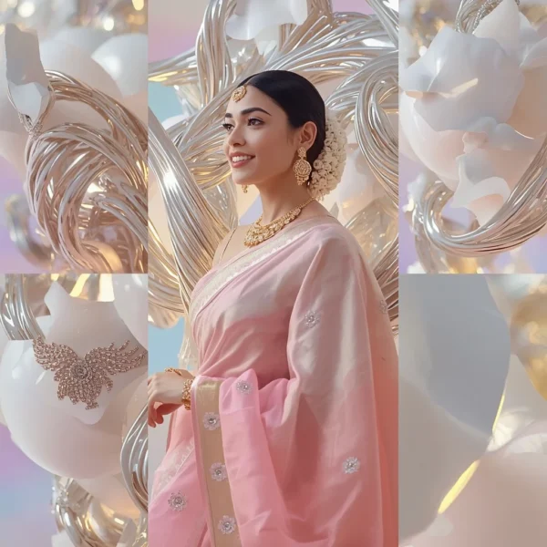 Festive Pastel Saree Suspended Platinum Porcelain Collage Premium Cinematic | new prompt