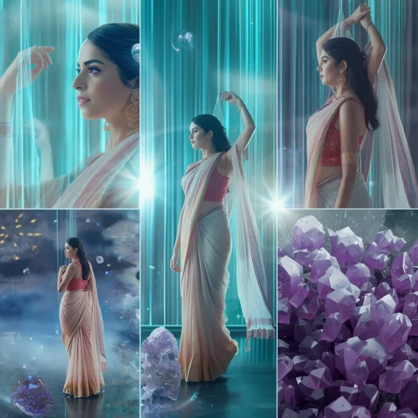 Festive Pastel Saree Zero-Gravity Amethyst Matrix Collage Advanced Design | photo prompt trending
