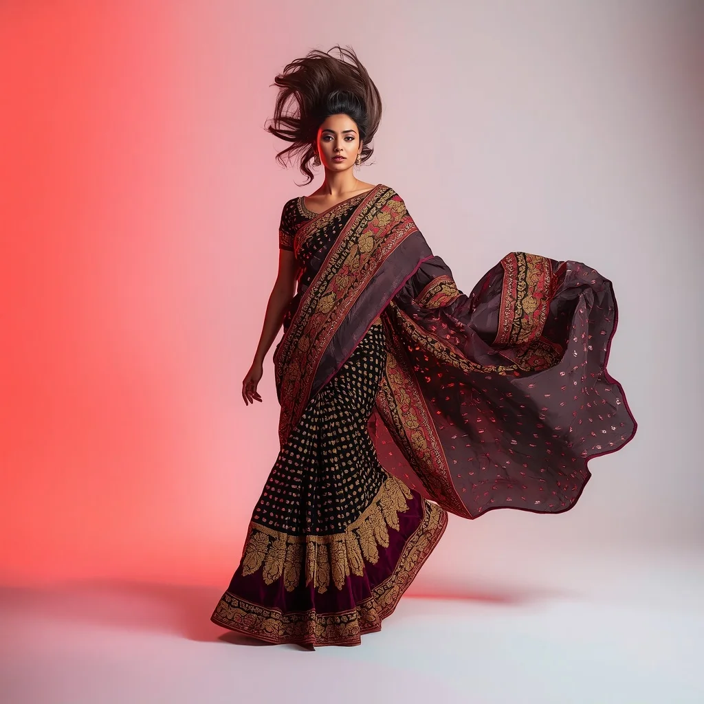 Full Body Smart-Fabric LED Matrix Heavy Zardosi Saree Hair Flip | beautiful saree girl ai prompt