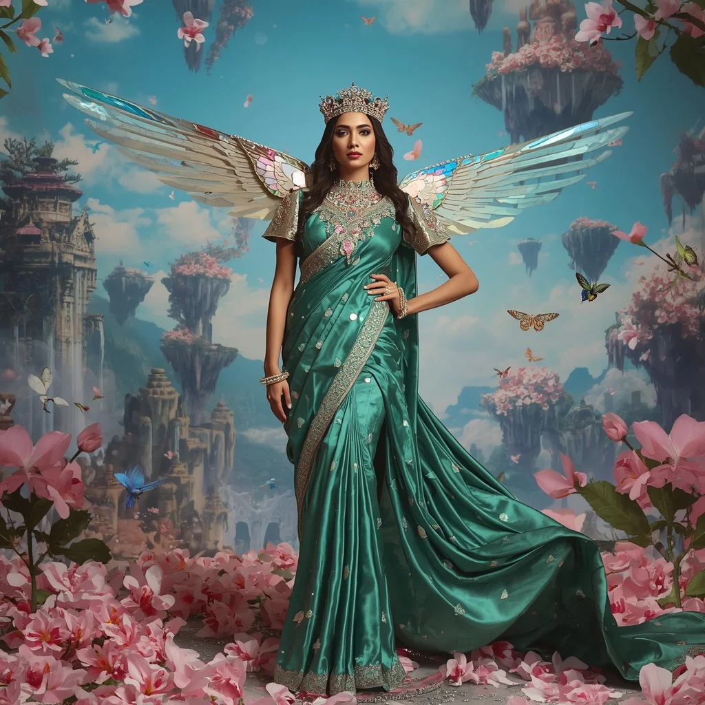 Giant Luxury Crystal Hummingbird Crown Saree with Floating Blossom Sky | picture prompt