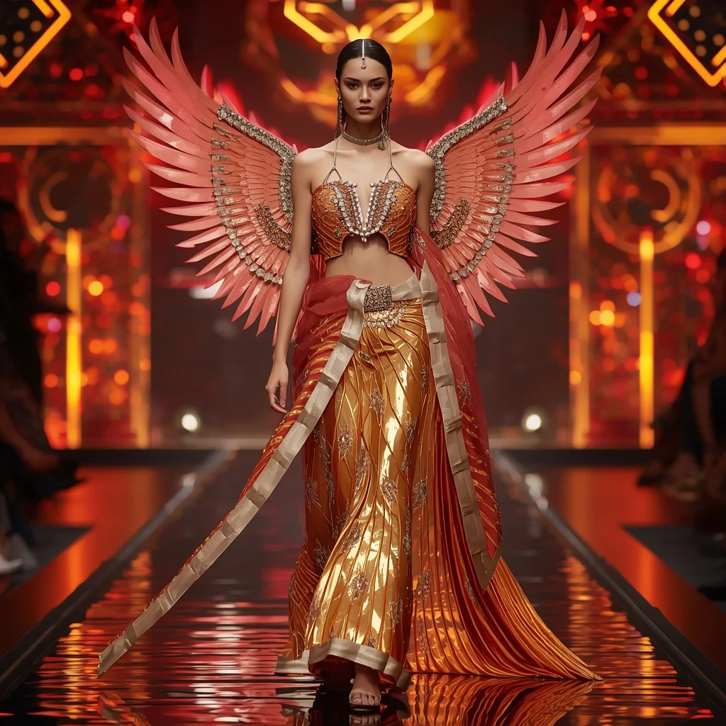 Molten Gold Phoenix Dynasty Saree with Neon Wing Jewel Sanctuaries | saree girl ai prompt