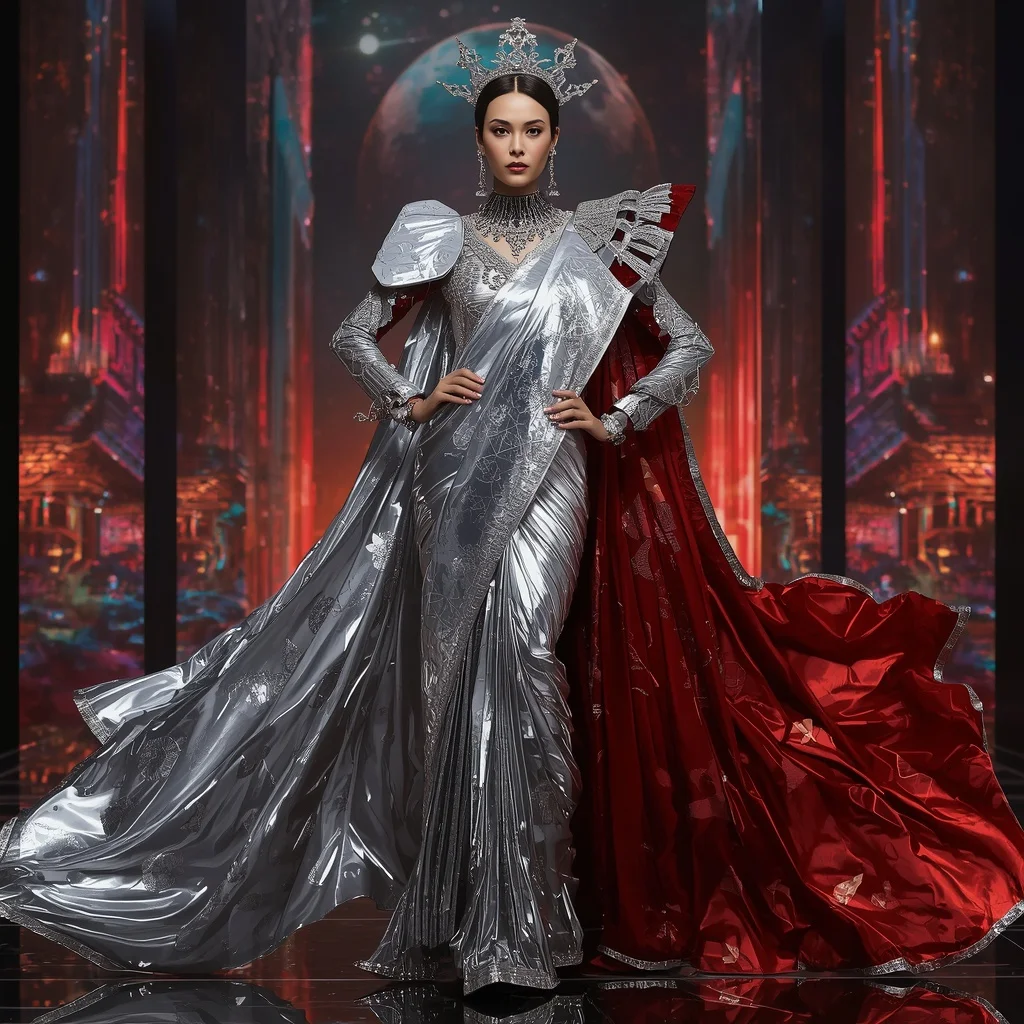 Platinum Flame Royal Cosmos Saree with Holographic Orbit Crown Megacity | trending prompt in instagram